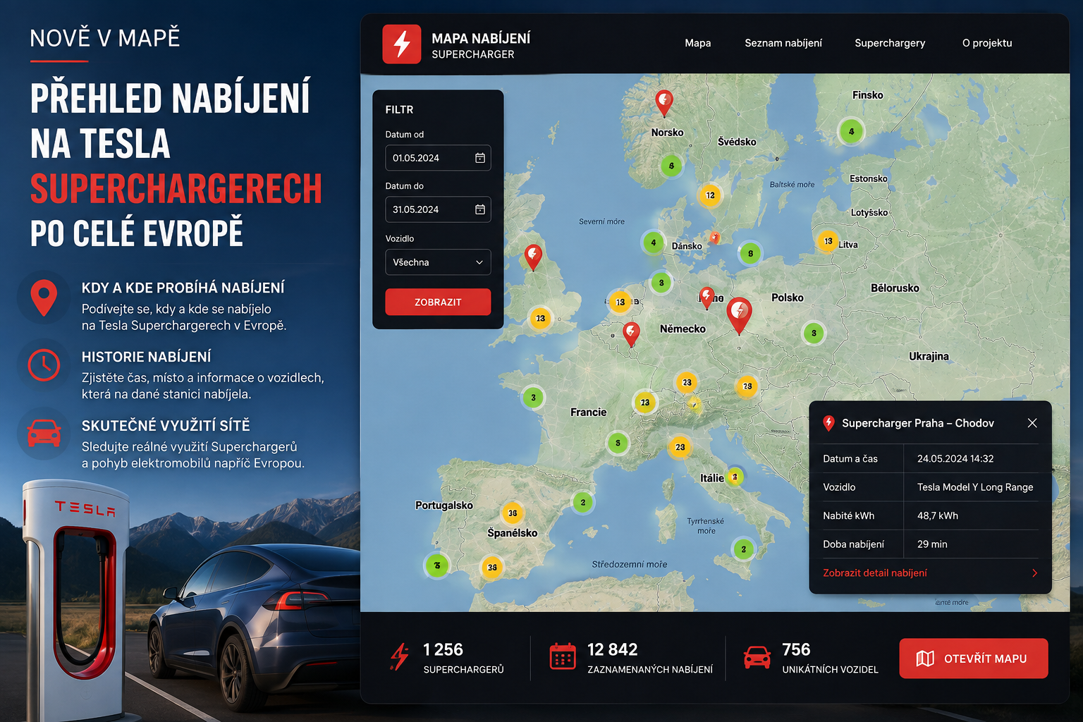 Nově v mapě: Přehled nabíjení na Tesla Superchargerech po celé Evropě